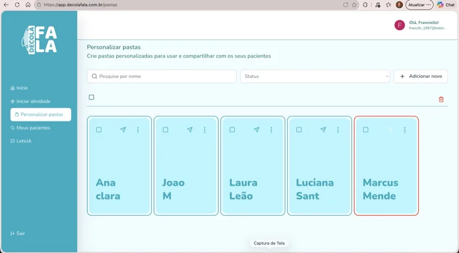 Pastas personalizadas no App Decola Fala